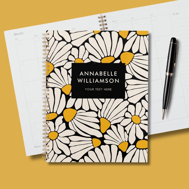 Retro Floral Mustard Yellow Black Planner (Abstract retro floral personalized planner with cream & mustard yellow flowers on black.)