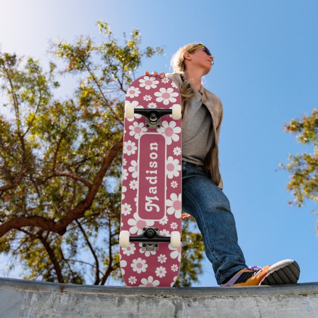 Retro Floral Name Pink Skateboard (Outdoor 1)