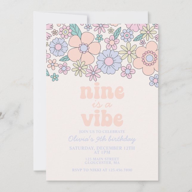 Retro Floral Nine is a Vibe 9th birthday Invitation (Front)