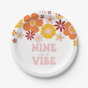 Retro Floral Nine is a Vibe 9th birthday Paper Plate