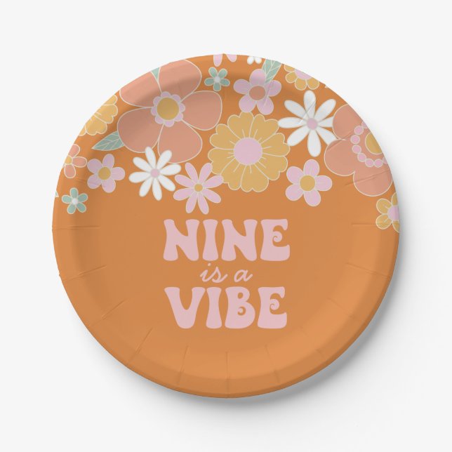 Retro Floral Nine si a Vibe 9th birthday Paper Plate (Front)
