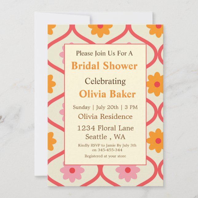Retro Floral Ogee Mid-Century Modern Bridal Shower Invitation (Front)
