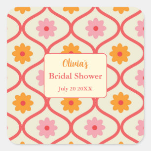 Retro Floral Ogee Mid-Century Modern Bridal Shower Square Sticker