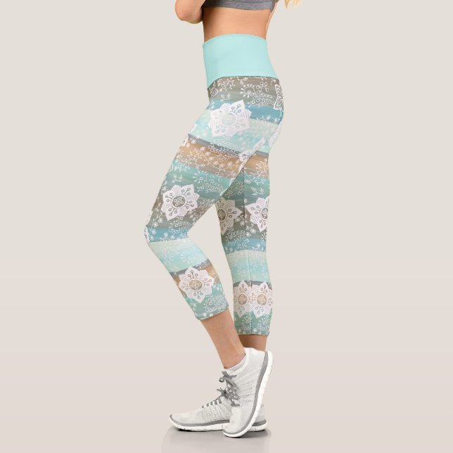 Retro Floral On Funky Chic Cool Stripes Pattern Capri Leggings (Left)