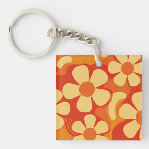 Retro Floral Orange and Yellow Pattern Key Ring