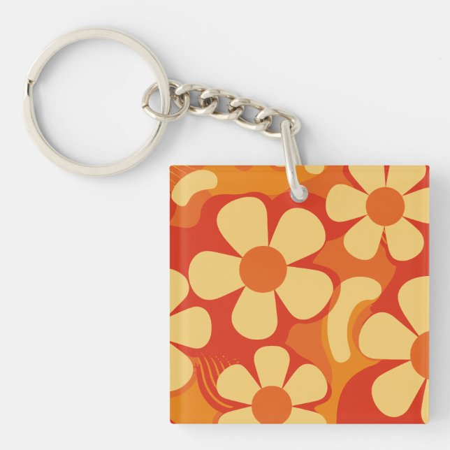 Retro Floral Orange and Yellow Pattern Key Ring (Front)