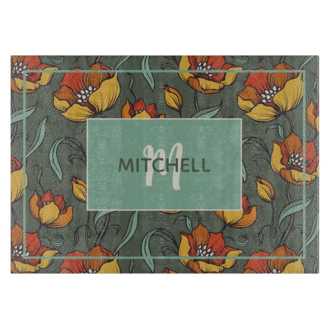 Retro Floral Orange Gold Teal Personalised  Cutting Board (Front)