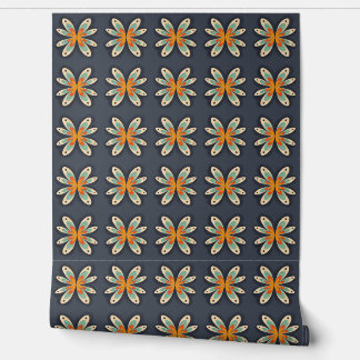 Retro Floral Orange Navy Blue Abstract Pattern  Wallpaper