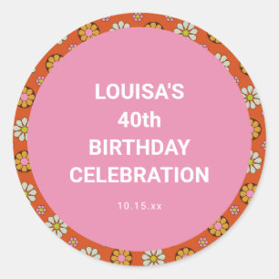 Retro Floral Orange Pink 40th Birthday Party Classic Round Sticker