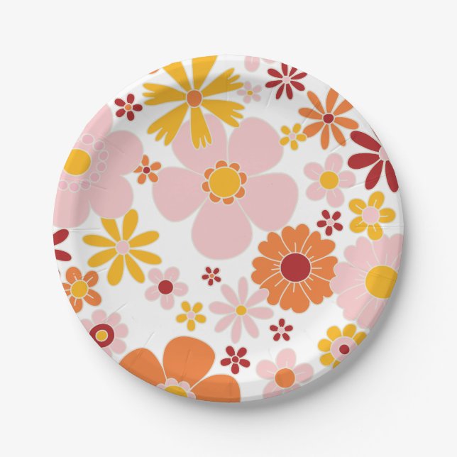Retro Floral orange pink Birthday Paper Plate (Front)