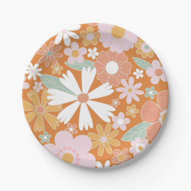 Retro Floral orange pink Birthday Paper Plate (Front)