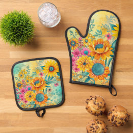 Retro Floral Oven Mitt & Pot Holder Set
