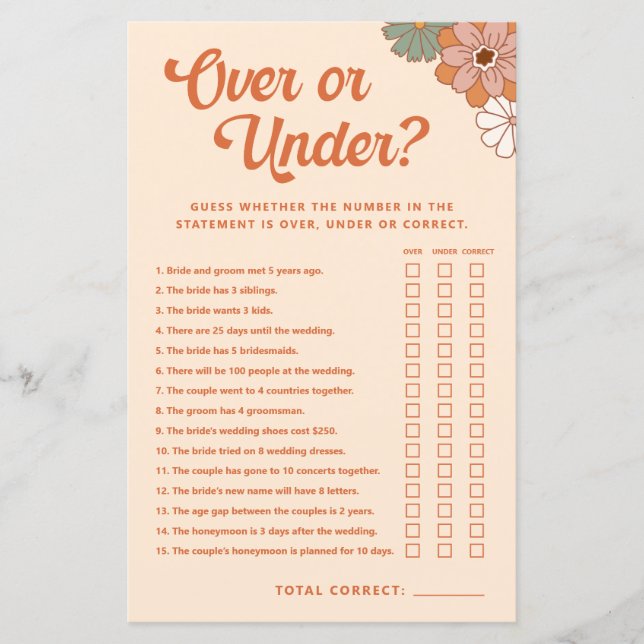 Retro Floral Over Or Under Bridal Shower Game (Front)