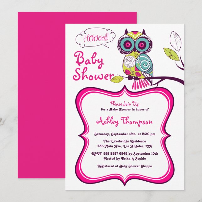 Retro Floral Owl Hot Pink Baby Shower Invitation (Front/Back)