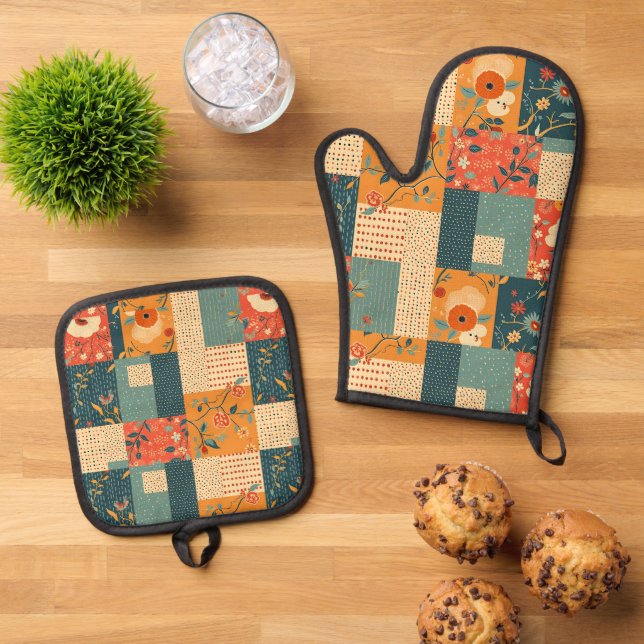 Retro-Floral-Patchwork-Quilt Oven Mitt & Pot Holder Set (Top Down)