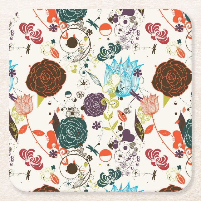 Retro Floral Pattern 2 Square Paper Coaster (Front)