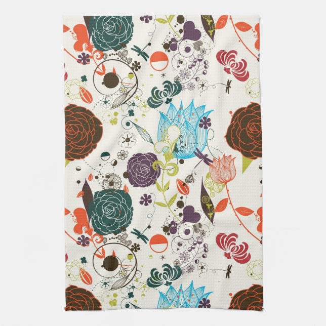 Retro Floral Pattern 2 Tea Towel (Vertical)