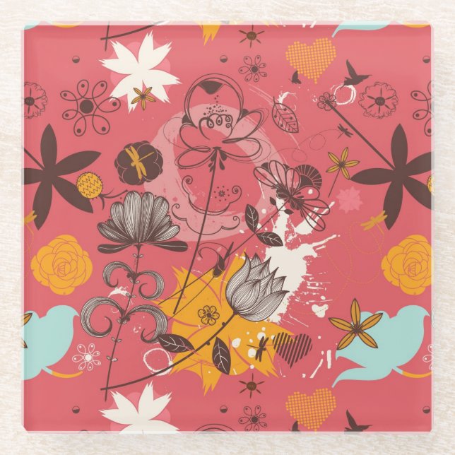 Retro floral pattern 4 glass coaster (Front)