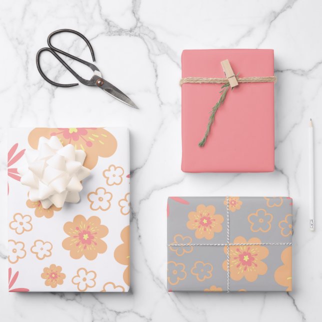 Retro Floral Pattern and Plain Pink Wrapping Paper Sheet (Front)