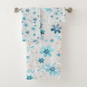 Retro , floral pattern , blue , grey , flowers bath towel set