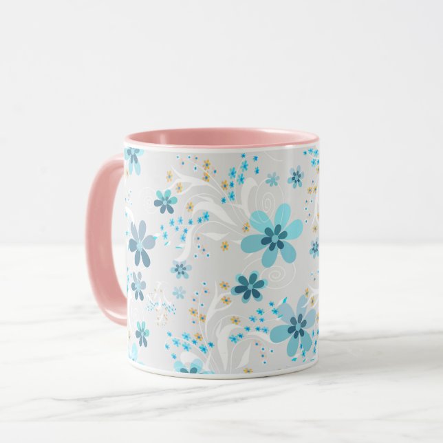 Retro , floral pattern , blue , grey mug (Front Left)