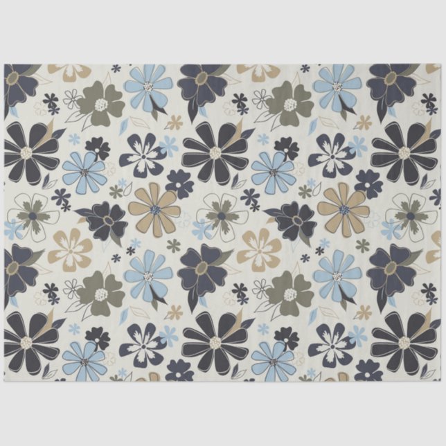 Retro Floral Pattern Blue Tan Tissue Paper (Front)