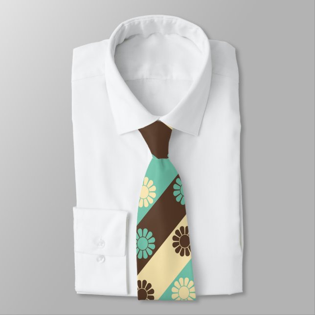 Retro Floral Pattern Green, Cream, Brown,  Tie (Tied)