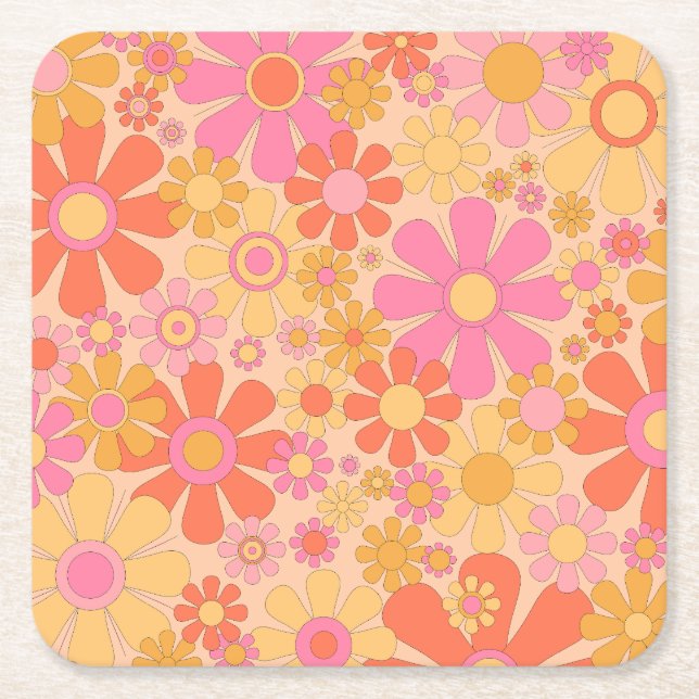 Retro Floral Pattern Groovy 60s 70s Flowers Square Paper Coaster (Front)