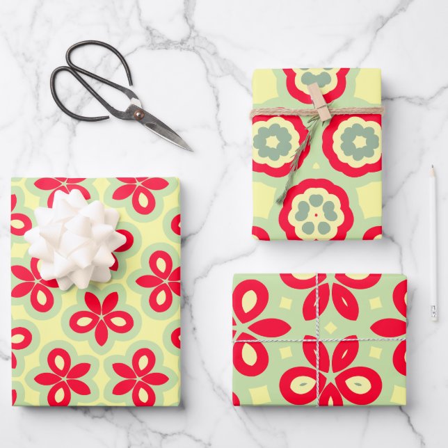  Retro Floral Pattern in Red, Cream and Mint Green Wrapping Paper Sheet (Front)