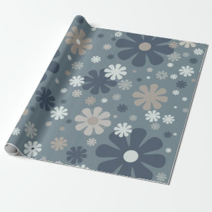 Retro Floral Pattern in Steel Blue and Taupe Wrapping Paper