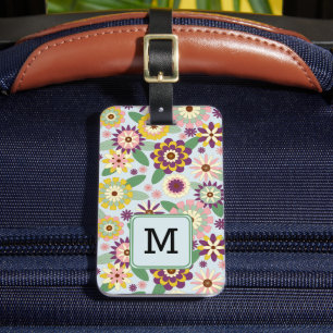 Retro Floral Pattern Monogram Initial Luggage Tag