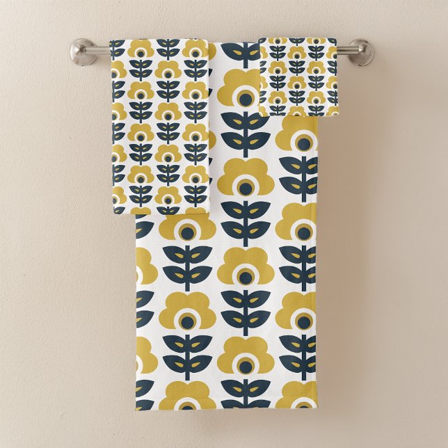 Retro Floral Pattern Navy and Mustard Yellow Bath Towel Set (Creator Uploaded)