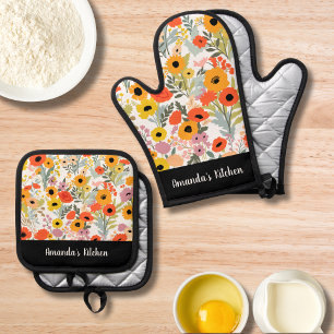 Retro Floral Pattern Personalised Name Kitchen Oven Mitt & Pot Holder Set