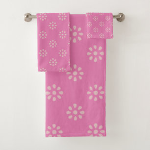 Retro Floral Pattern Pink Groovy Boho Aesthetic Bath Towel Set