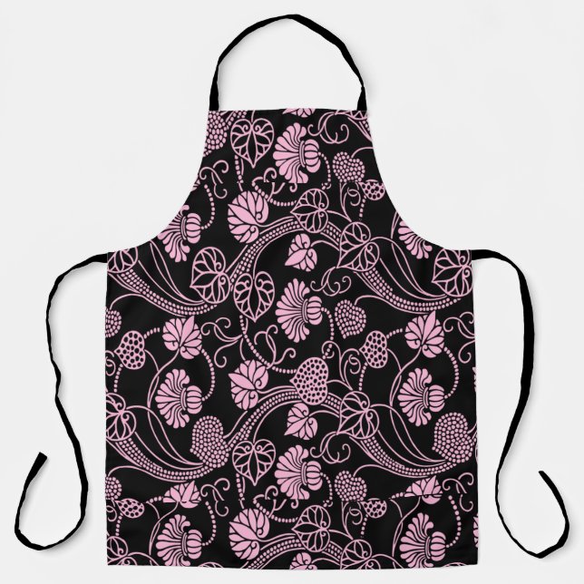 Retro Floral Pattern Pink on Black Apron (Front)