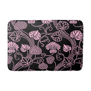 Retro Floral Pattern Pink on Black Bath Mat