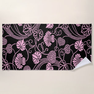 Retro Floral Pattern Pink on Black Beach Towel