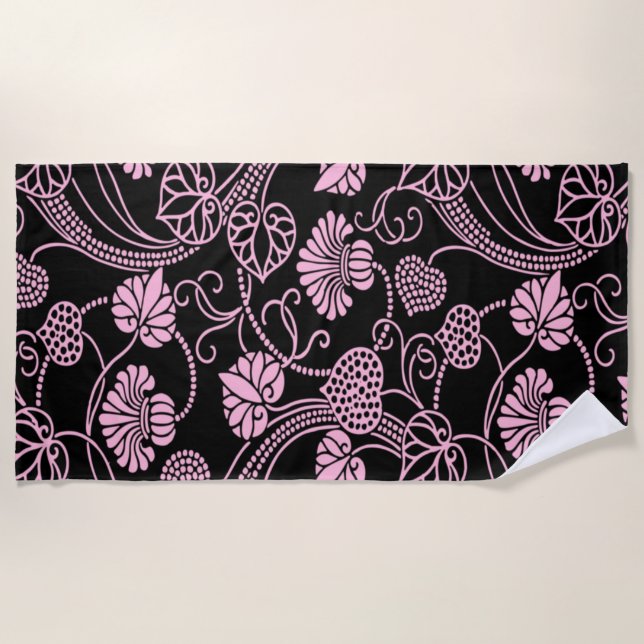 Retro Floral Pattern Pink on Black Beach Towel (Front)