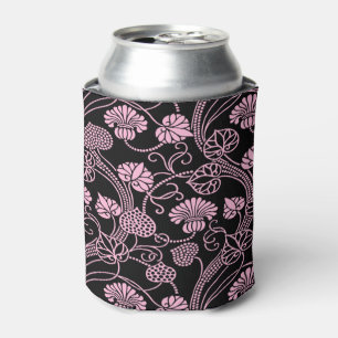 Retro Floral Pattern Pink on Black Can Cooler