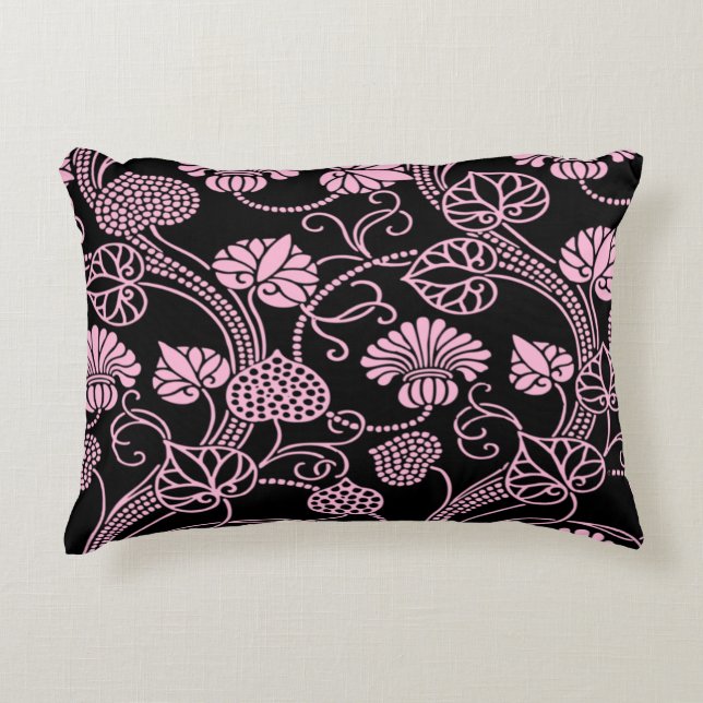 Retro Floral Pattern Pink on Black Decorative Cushion (Front)