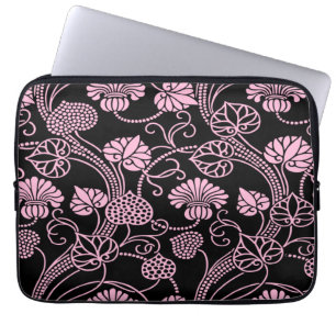 Retro Floral Pattern Pink on Black Laptop Sleeve