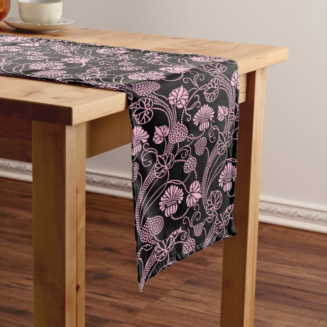 Retro Floral Pattern Pink on Black Long Table Runner (In Situ)