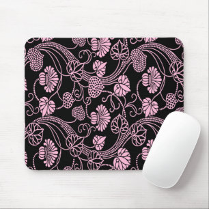 Retro Floral Pattern Pink on Black Mouse Mat