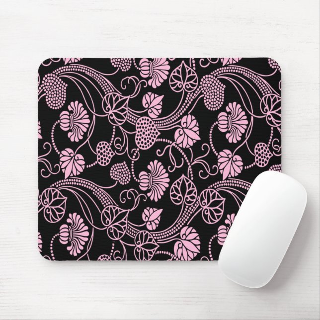 Retro Floral Pattern Pink on Black Mouse Mat (With Mouse)