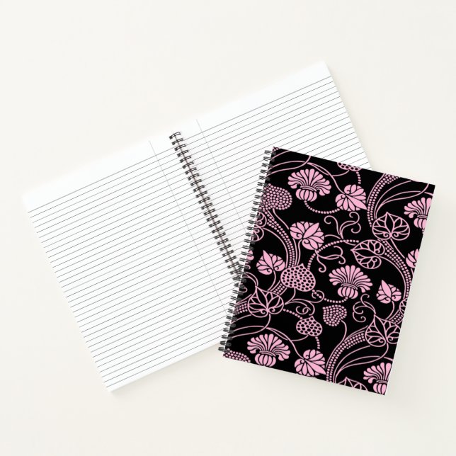 Retro Floral Pattern Pink on Black Notebook (Inside)
