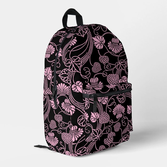 Retro Floral Pattern Pink on Black Printed Backpack (Back Corner Left)