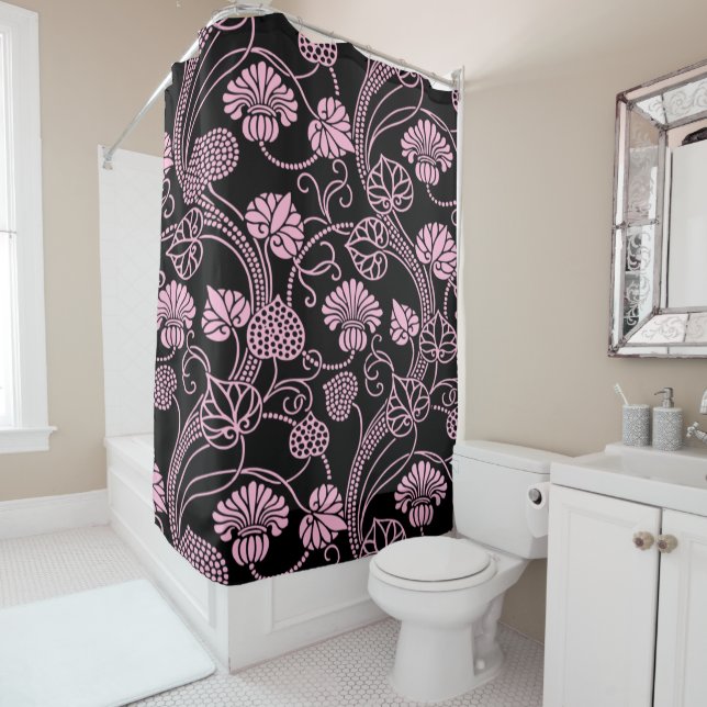 Retro Floral Pattern Pink on Black Shower Curtain (In Situ)