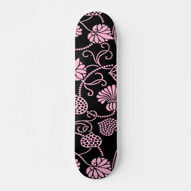 Retro Floral Pattern Pink on Black Skateboard (Front)