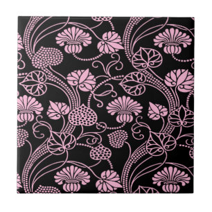 Retro Floral Pattern Pink on Black Tile