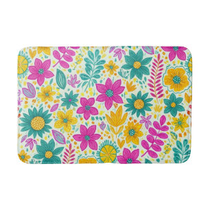 Retro Floral Pattern Vibrant Colourful Daisy Flowe Bath Mat